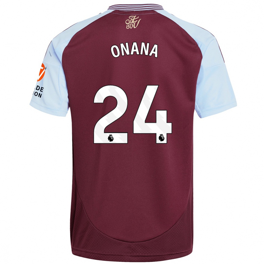 Men Football Amadou Onana #24 Burgundy Sky Blue Home Jersey 2024/25 T-Shirt Nz