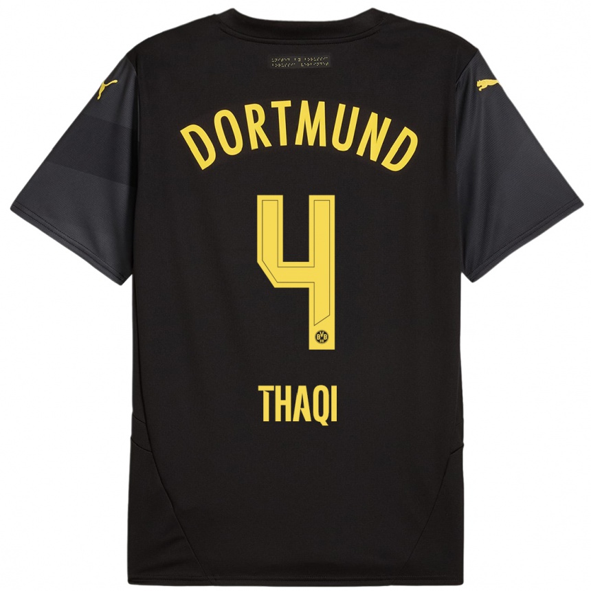 Men Football Albin Thaqi #4 Black Yellow Away Jersey 2024/25 T-Shirt Nz