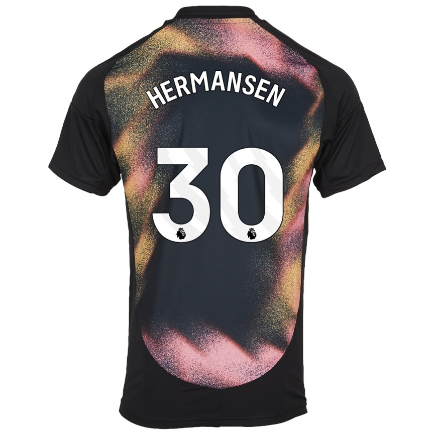 Men Football Mads Hermansen #30 Black White Away Jersey 2024/25 T-Shirt Nz