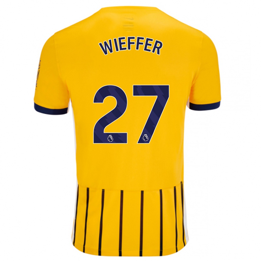 Men Football Mats Wieffer #27 Gold Blue Pinstripes Away Jersey 2024/25 T-Shirt Nz