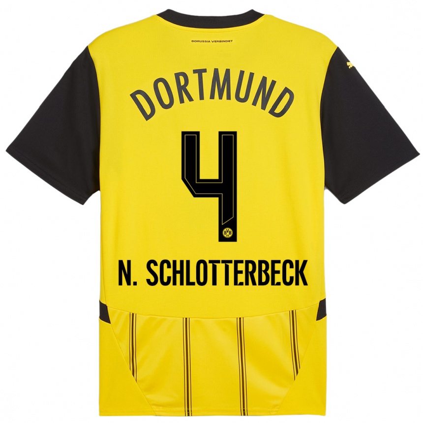 Women Football Nico Schlotterbeck #4 Yellow Black Home Jersey 2024/25 T-Shirt Nz