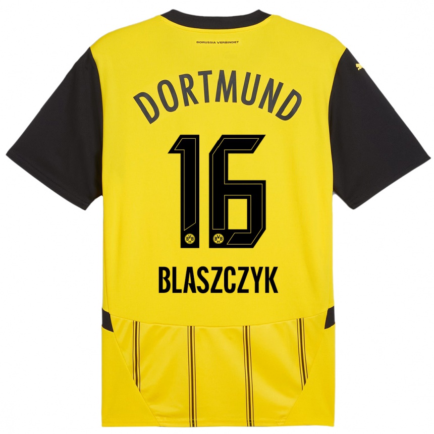 Women Football Oliwer Blaszczyk #16 Yellow Black Home Jersey 2024/25 T-Shirt Nz