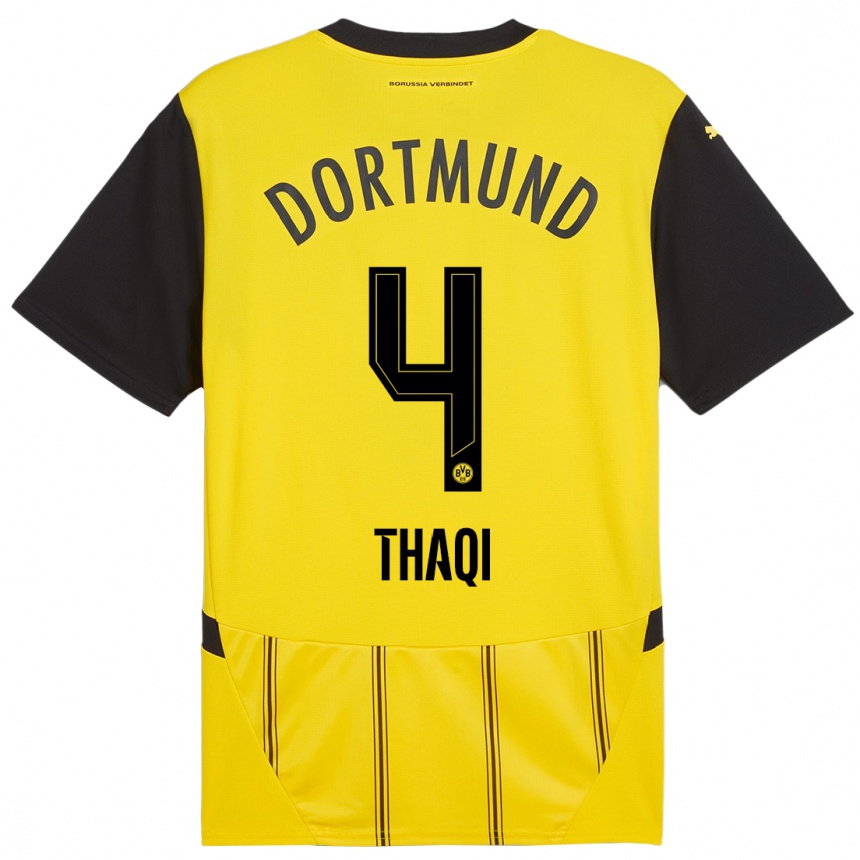 Women Football Albin Thaqi #4 Yellow Black Home Jersey 2024/25 T-Shirt Nz