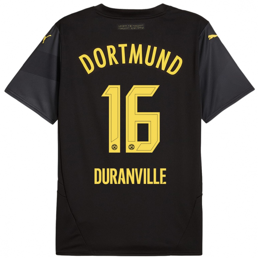 Women Football Julien Duranville #16 Black Yellow Away Jersey 2024/25 T-Shirt Nz