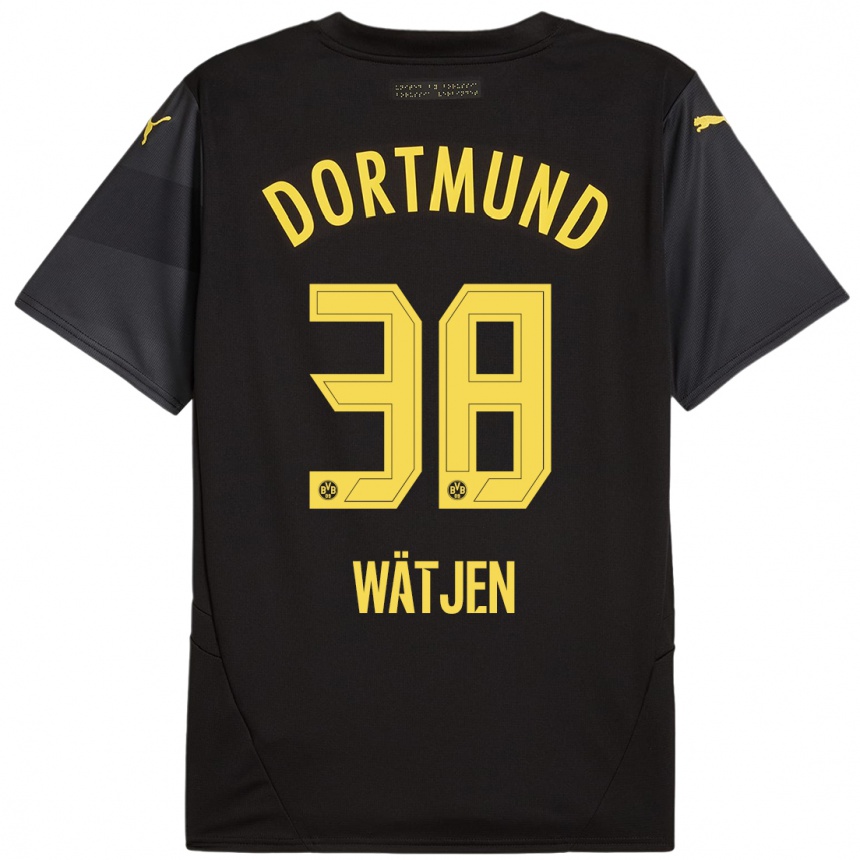 Women Football Kjell Wätjen #38 Black Yellow Away Jersey 2024/25 T-Shirt Nz