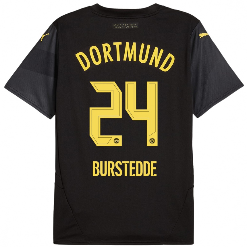 Women Football Joshua Burstedde #24 Black Yellow Away Jersey 2024/25 T-Shirt Nz