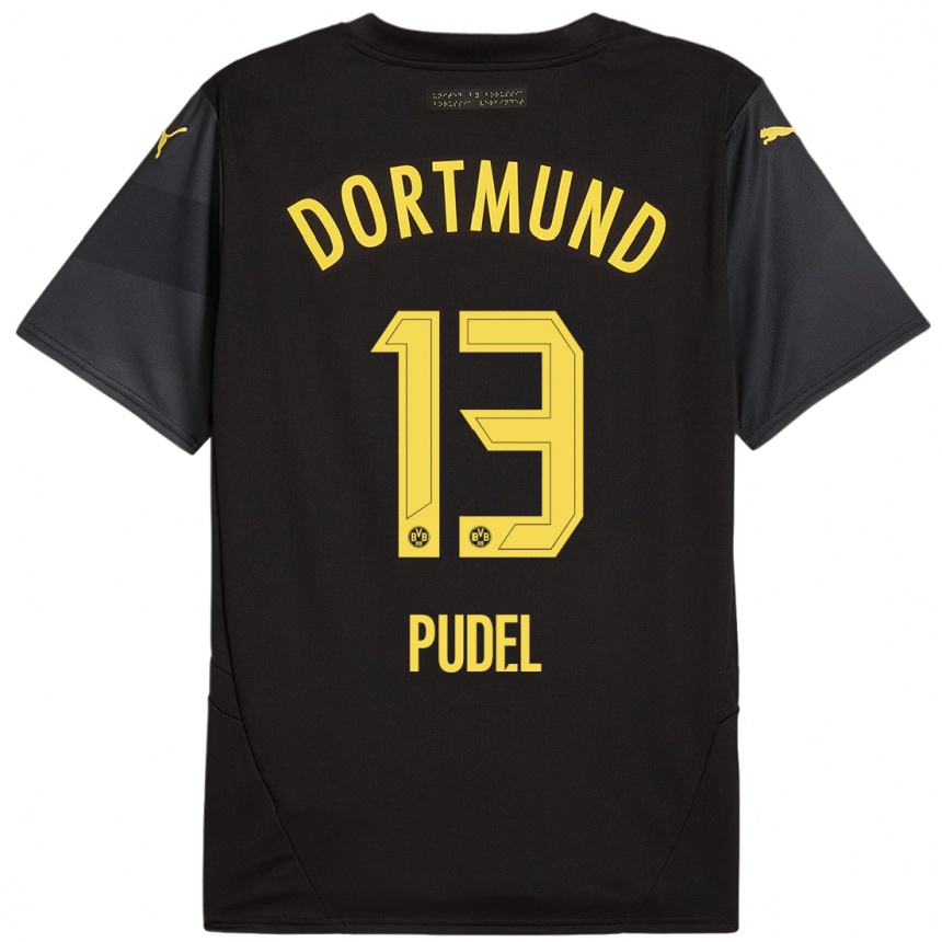 Women Football Bjarne Pudel #13 Black Yellow Away Jersey 2024/25 T-Shirt Nz