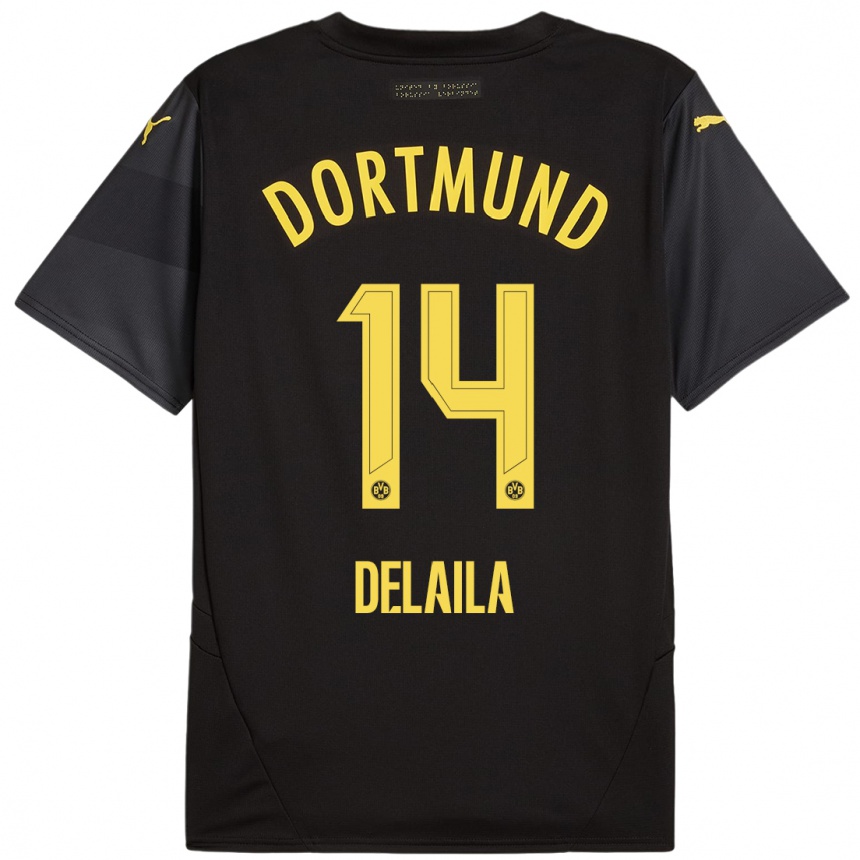 Women Football Amega Delaila #14 Black Yellow Away Jersey 2024/25 T-Shirt Nz