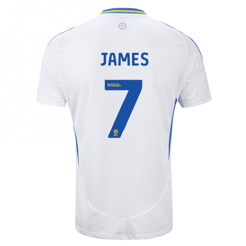 Kids Football Daniel James #7 White Blue Home Jersey 2024/25 T-Shirt Nz