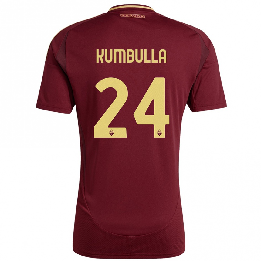 Kids Football Marash Kumbulla #24 Red Brown Gold Home Jersey 2024/25 T-Shirt Nz