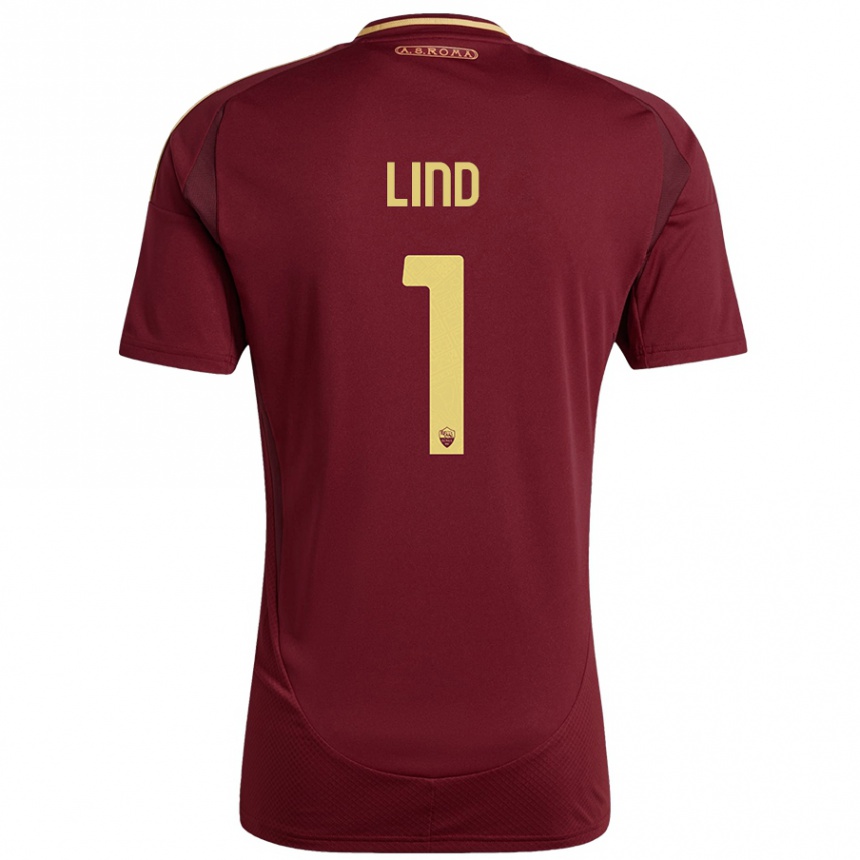 Kids Football Emma Lind #1 Red Brown Gold Home Jersey 2024/25 T-Shirt Nz