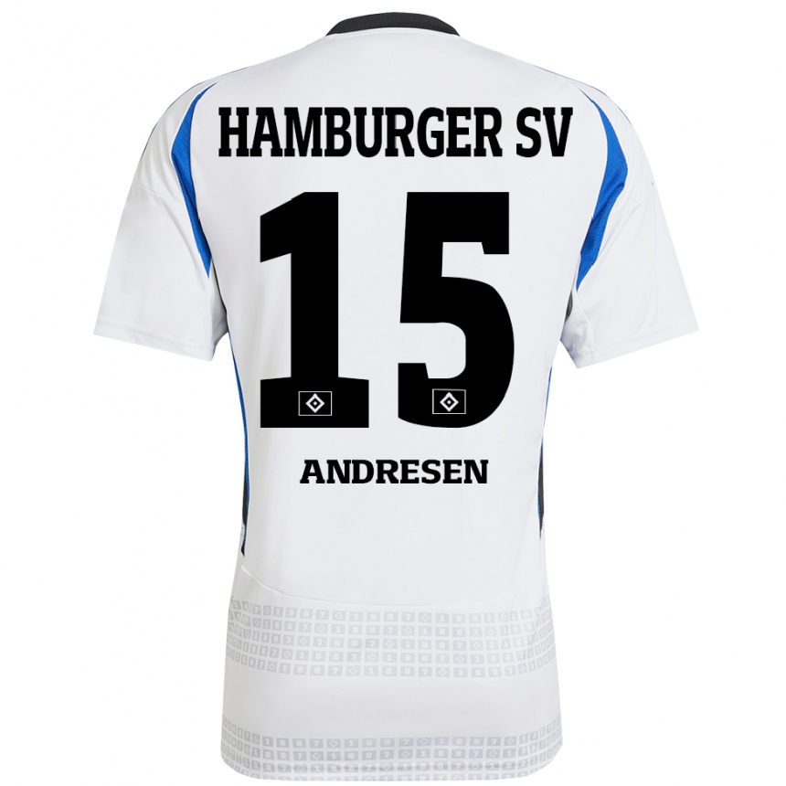 Kids Football Bent Andresen #15 White Blue Home Jersey 2024/25 T-Shirt Nz