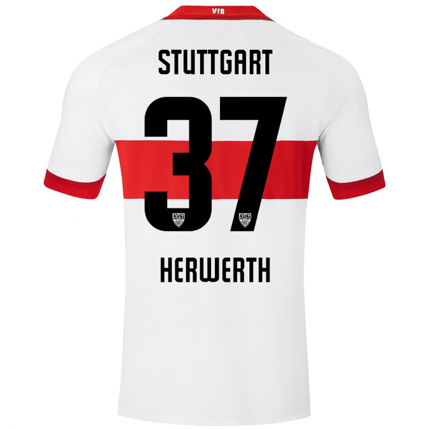 Kids Football Maximilian Herwerth #37 White Red Home Jersey 2024/25 T-Shirt Nz