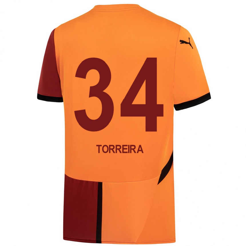 Kids Football Lucas Torreira #34 Yellow Red Home Jersey 2024/25 T-Shirt Nz