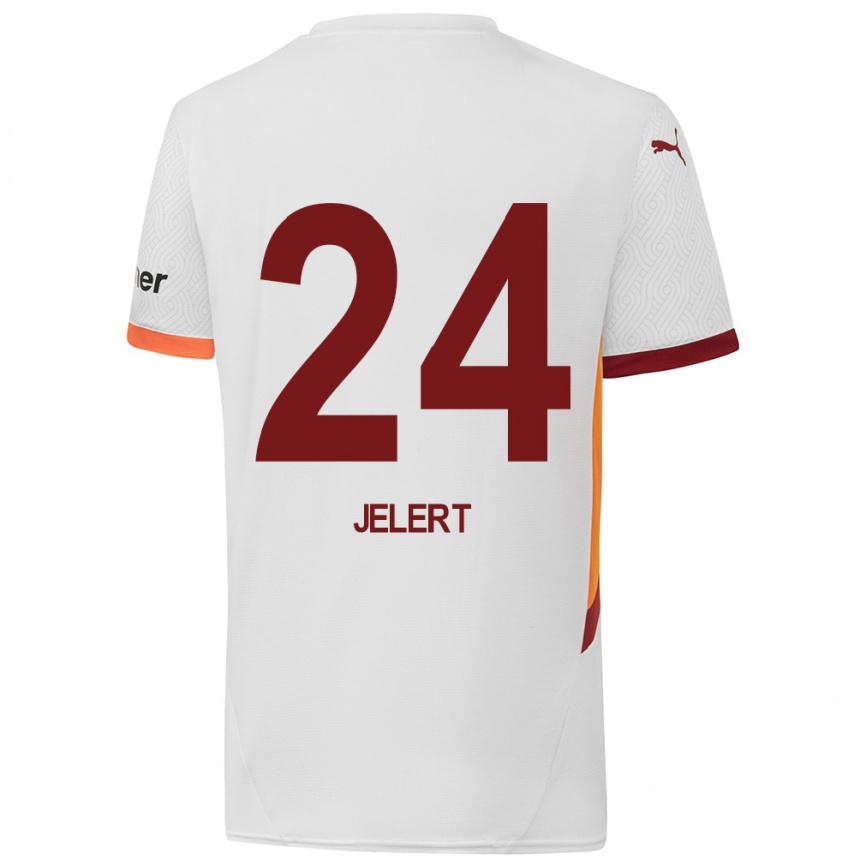 Kids Football Elias Jelert #24 White Yellow Red Away Jersey 2024/25 T-Shirt Nz