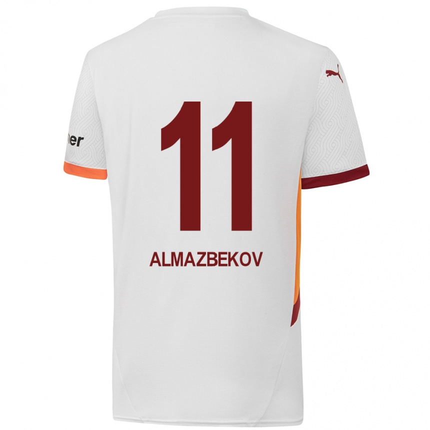 Kids Football Beknaz Almazbekov #11 White Yellow Red Away Jersey 2024/25 T-Shirt Nz