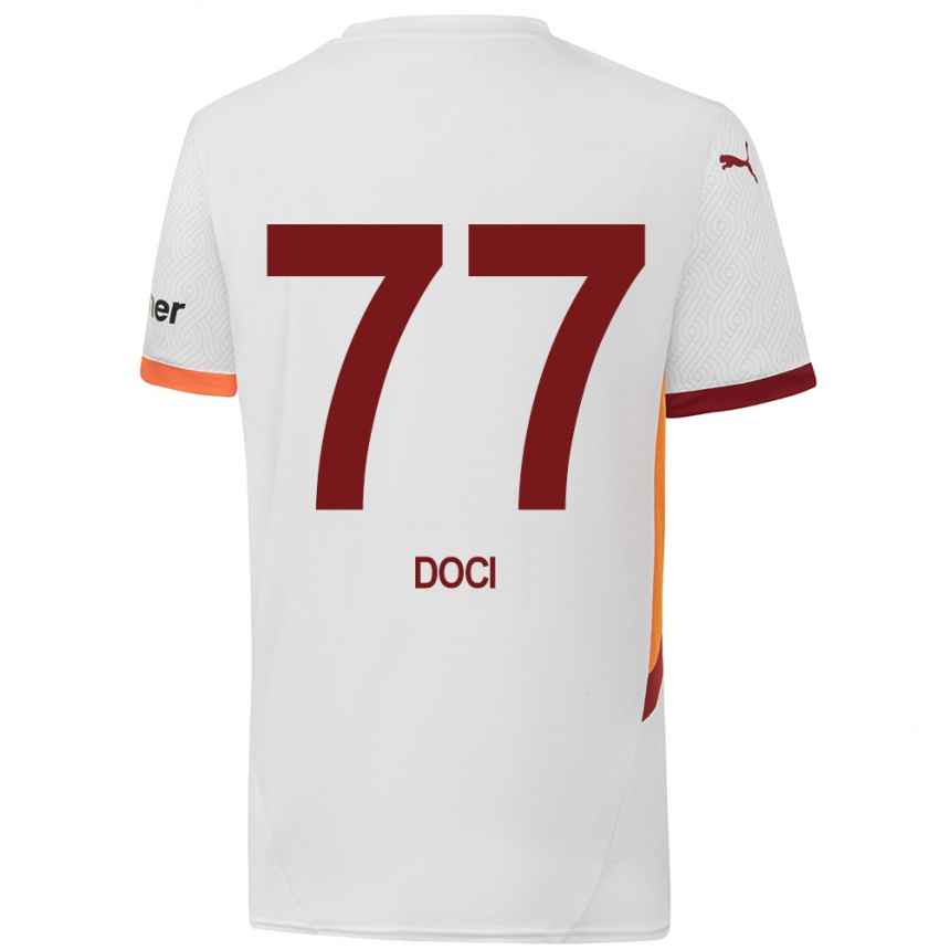 Kids Football Megi Doci #77 White Yellow Red Away Jersey 2024/25 T-Shirt Nz