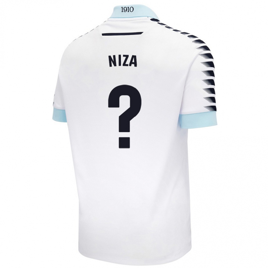 Kids Football Sergio Niza #0 White Blue Away Jersey 2024/25 T-Shirt Nz