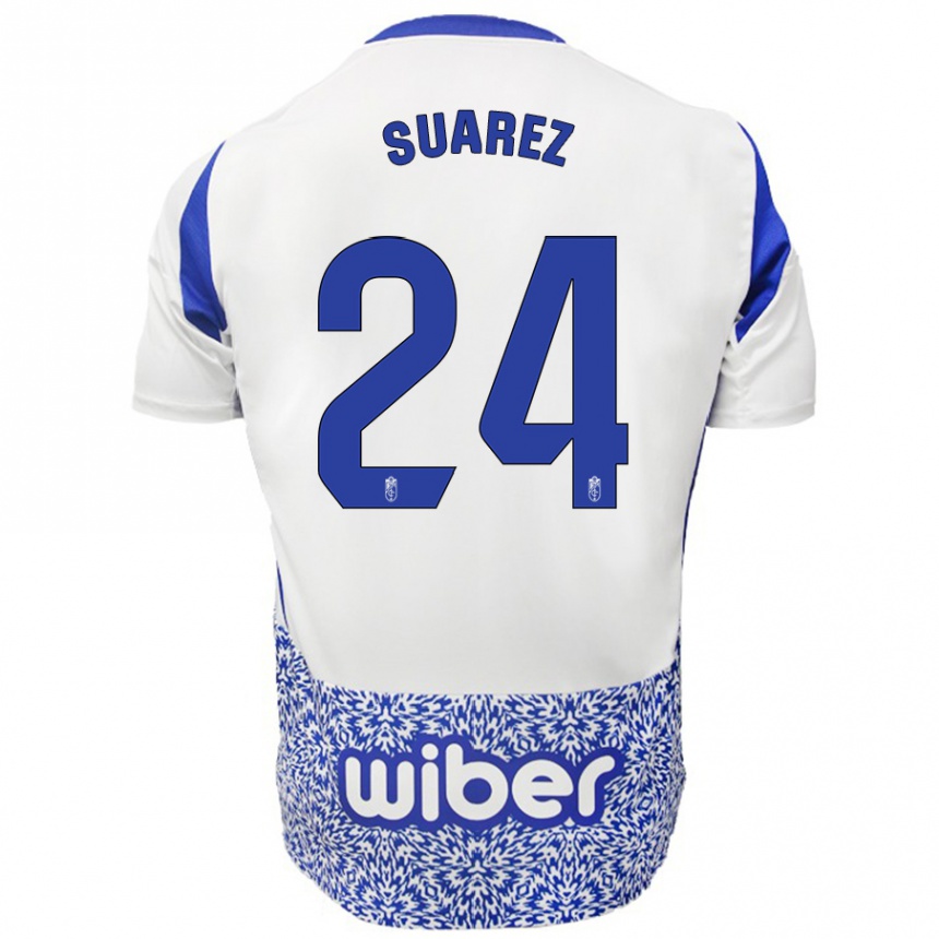 Kids Football Carlota Suárez #24 White Blue Away Jersey 2024/25 T-Shirt Nz