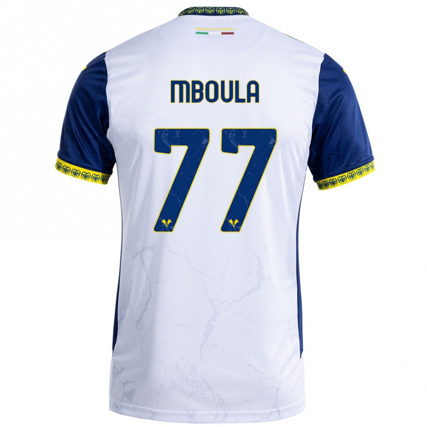 Kids Football Jordi Mboula #77 White Blue Away Jersey 2024/25 T-Shirt Nz