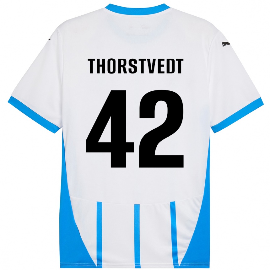 Men Football Kristian Thorstvedt #42 White Blue Away Jersey 2024/25 T-Shirt Nz