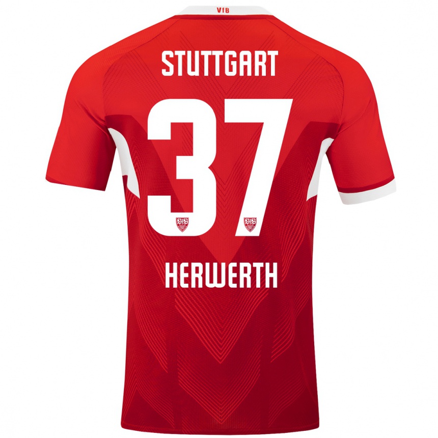 Men Football Maximilian Herwerth #37 Red White Away Jersey 2024/25 T-Shirt Nz