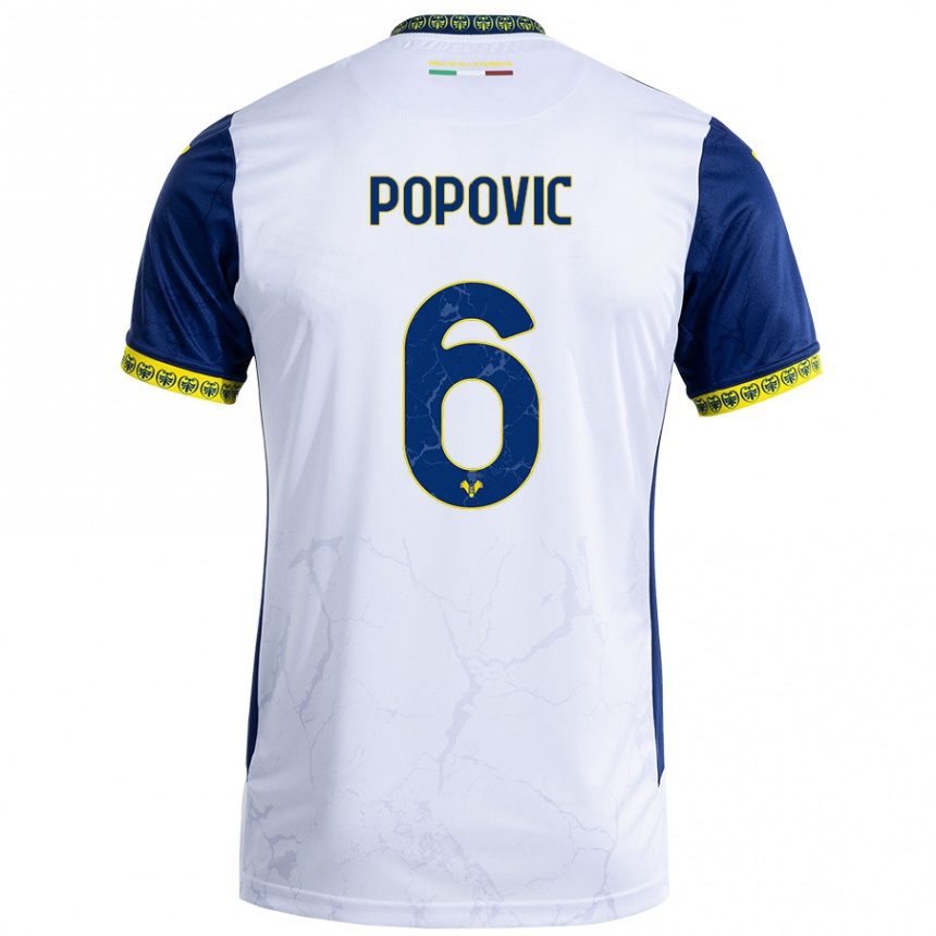 Men Football Andrej Popovic #6 White Blue Away Jersey 2024/25 T-Shirt Nz