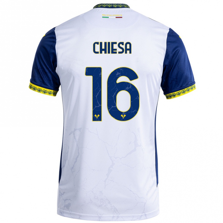 Women Football Mattia Chiesa #16 White Blue Away Jersey 2024/25 T-Shirt Nz