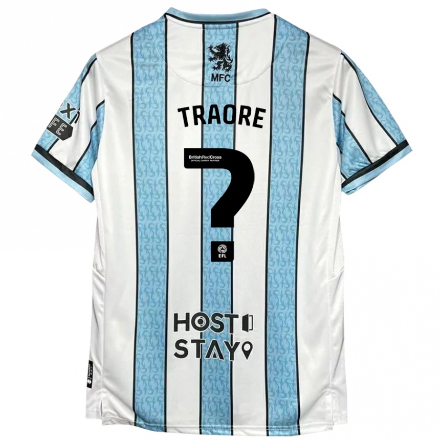 Kids Football Yacou Traore #0 White Blue Away Jersey 2024/25 T-Shirt Nz