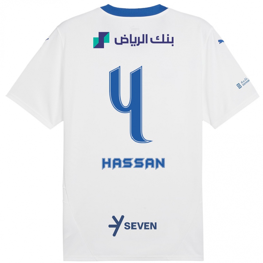 Kids Football Eman Hassan #4 White Blue Away Jersey 2024/25 T-Shirt Nz