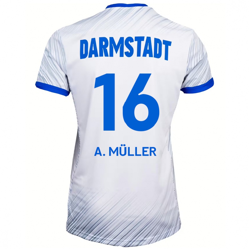 Kids Football Andreas Müller #16 White Blue Away Jersey 2024/25 T-Shirt Nz