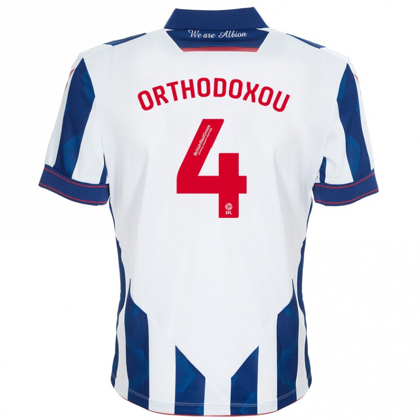 Men Football Francesca Orthodoxou #4 White Dark Blue Home Jersey 2024/25 T-Shirt Nz