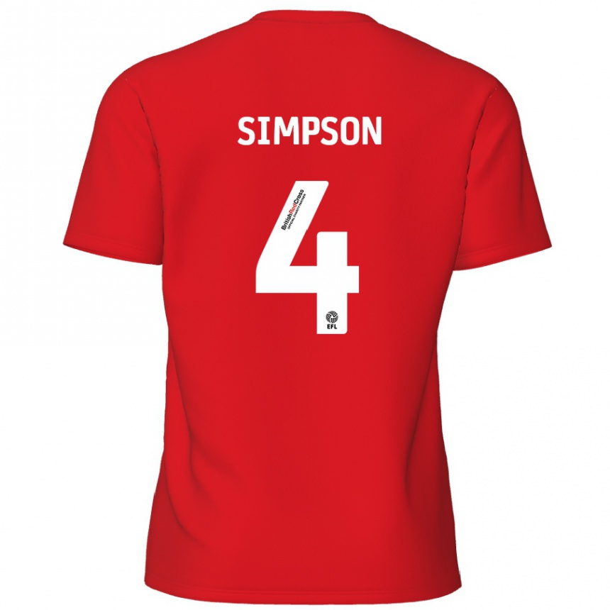 Kids Football Jack Simpson #4 Red Home Jersey 2024/25 T-Shirt Nz