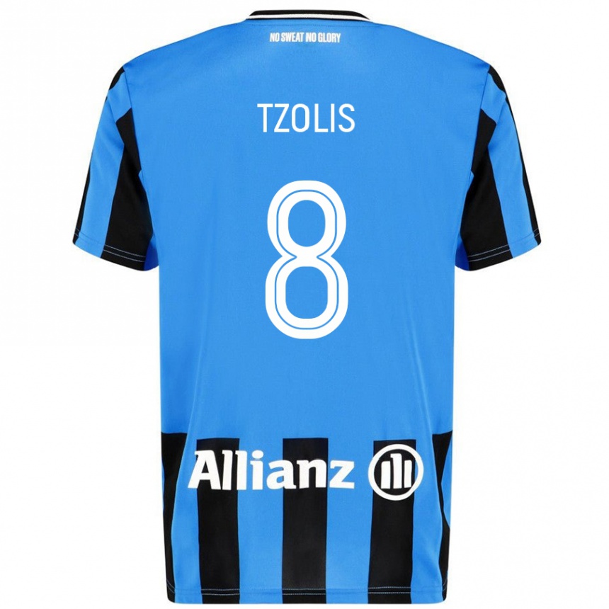 Kids Football Christos Tzolis #8 Sky Blue Black Home Jersey 2024/25 T-Shirt Nz