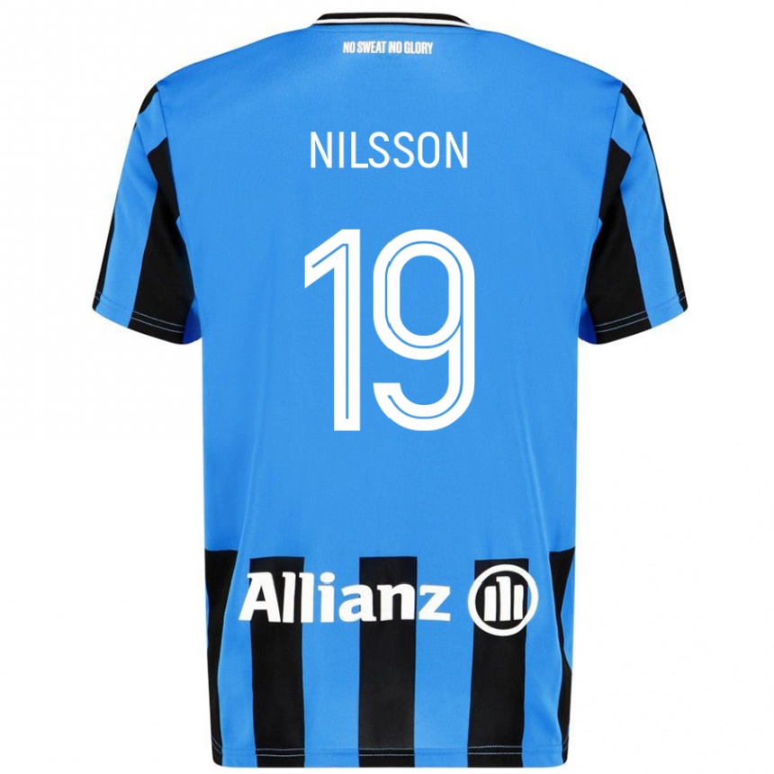 Kids Football Gustaf Nilsson #19 Sky Blue Black Home Jersey 2024/25 T-Shirt Nz