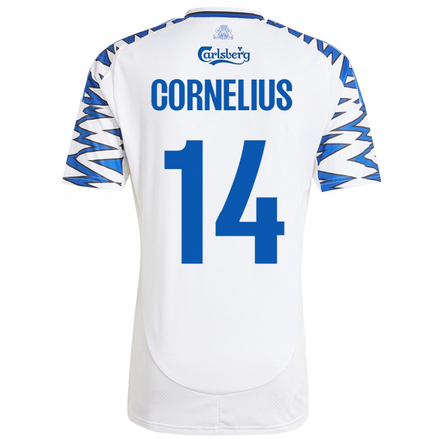 Kids Football Andreas Cornelius #14 White Sky Blue Home Jersey 2024/25 T-Shirt Nz