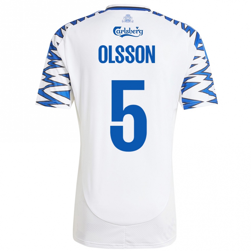 Kids Football Cornelius Olsson #5 White Sky Blue Home Jersey 2024/25 T-Shirt Nz