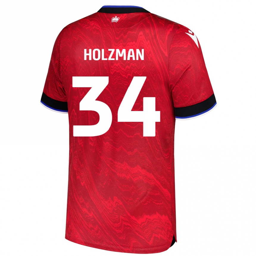 Kids Football Louie Holzman #34 Red Black Away Jersey 2024/25 T-Shirt Nz