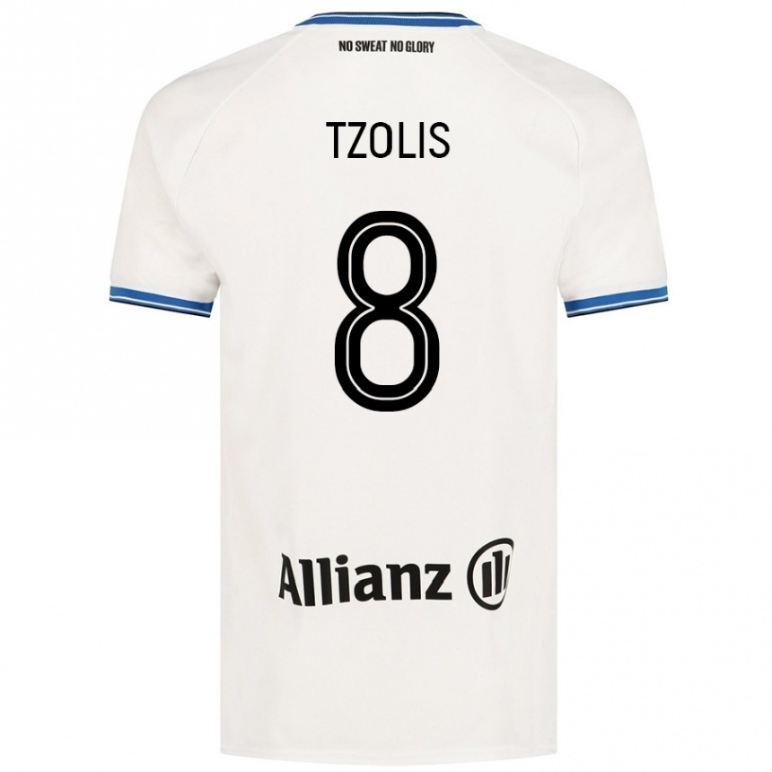 Kids Football Christos Tzolis #8 White Away Jersey 2024/25 T-Shirt Nz