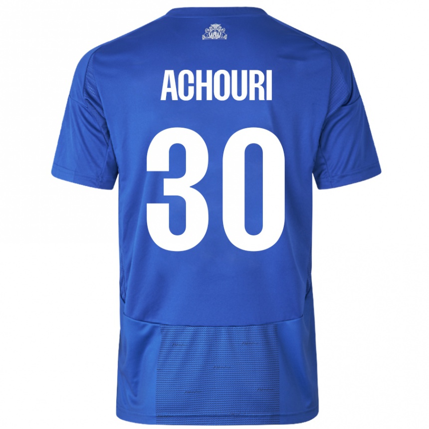 Kids Football Elias Achouri #30 White Blue Away Jersey 2024/25 T-Shirt Nz