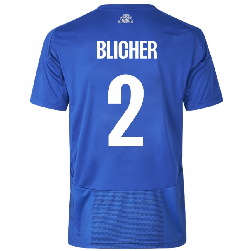 Kids Football Nicolai Blicher #2 White Blue Away Jersey 2024/25 T-Shirt Nz