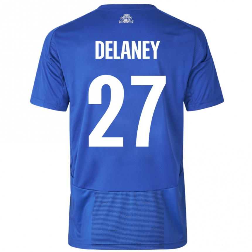 Men Football Thomas Delaney #27 White Blue Away Jersey 2024/25 T-Shirt Nz