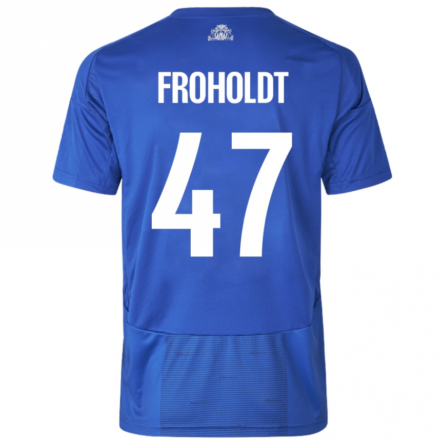 Women Football Victor Froholdt #47 White Blue Away Jersey 2024/25 T-Shirt Nz